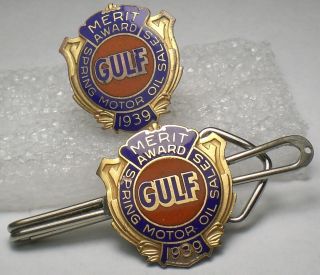 Vtg.  Gulf Gas/oil Co.  1939 Emblem Employee Service Merit Award Tie/lapel Pin Plus