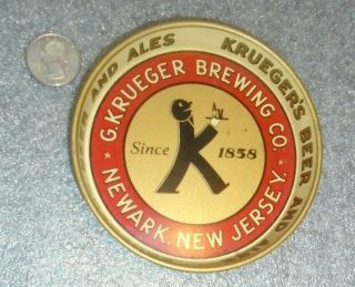 Graphic Old Tin Litho Tip Tray Advertising Krueger Brewing Co Walking K Logo