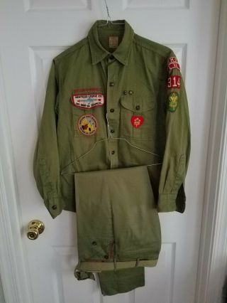 1960s Vintage Boy Scout Uniform,  Long Sleeve Shirt,  Pants,  Patches,  Belt Buckle