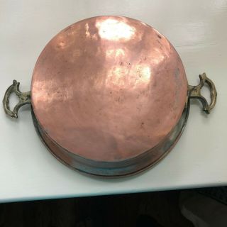 Vintage Round Copper Pan With Brass Handles