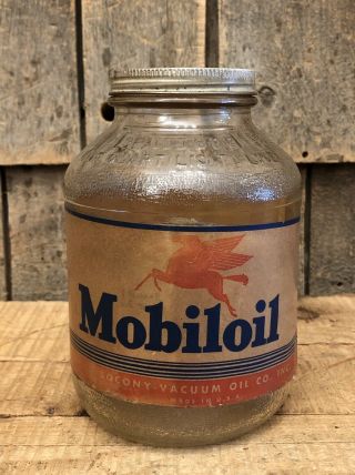 Vintage Mobiloil A Socony Vacuum Oil 1 Qt Glass Jar Can Gas Station Pegasus