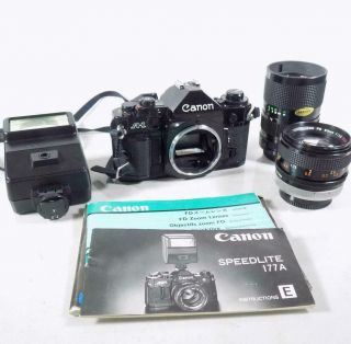 Vntg Canon A - 1 35mm Slr Film Camera W/ 2 Lenses,  Flash,  Docs & Bag