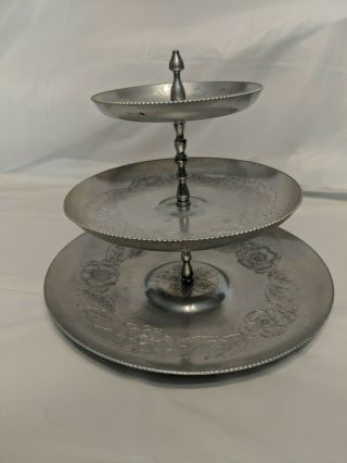 Vintage Gailstyn Hand Hammered Wrought Iron Aluminum 3 Tier Serving Tray