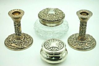 Hallmarked Silver Candlesticks & Silver Dressing Table Jars