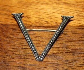 Ww2 Homefront V For Victory Sterling Silver & Marcasite Pin Brooch