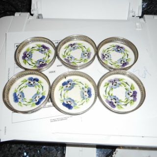 6 German Silverplate And Purple Pansies Ceramic Coasters Silvers Brooklyn