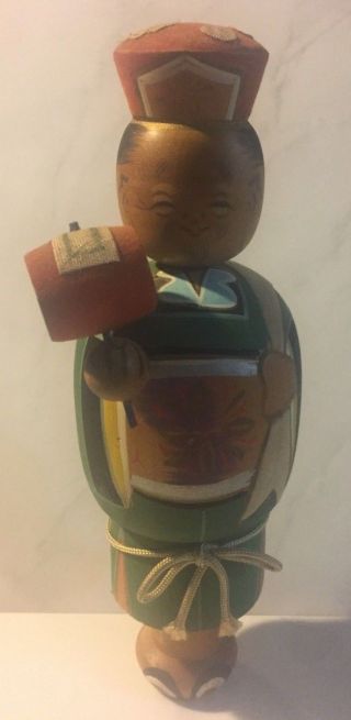 Vintage Japanese Wood Kokeshi Doll - Hand Painted Japan Elderly Man W/ Handle