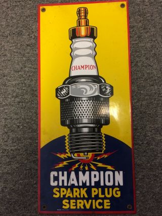 Vintage Champion Spark Plug Gasoline Porcelain Sign Gas Metal Pump Plate