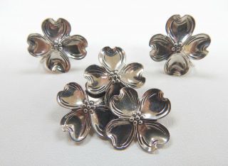 Vintage Beau Sterling Silver Dogwood Flower Clip On Earrings & Pin Brooch Set