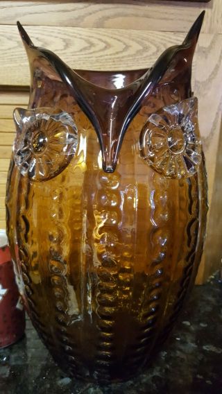 Gorgeous Large 13.  5 " T Amber Glass Owl Vase Purple Trim Applied Eyes Murano Italy