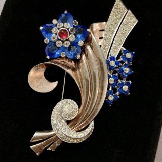 Vintage 40s Pennino Blue Rhinestone Flower Brooch Pin