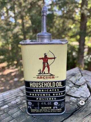 Vintage Archer Household Oil Lead Top Handy Oiler 4 Oz Metal Oil Can Gas Sign