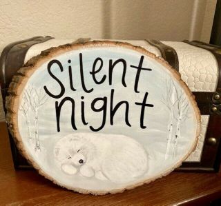 Rustic Painted Sign “silent Night “ Samoyed Sleeping Puppy Wall Or Shelf Sitter