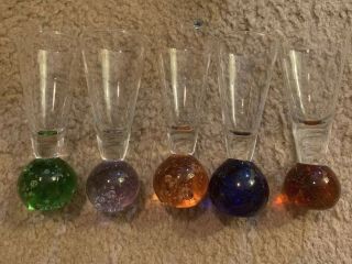 Set Of 5 Multi - Color Bubble Ball Bottom Shot Liquor Glasses With Vintage Look