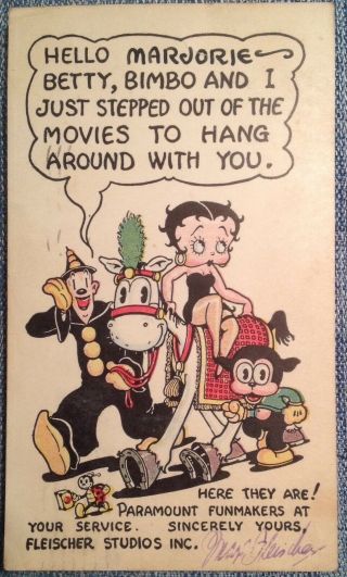 Max Fleischer Signed Postcard,  Betty Boop,  Fleischer Studios,  Marjorie,  1932