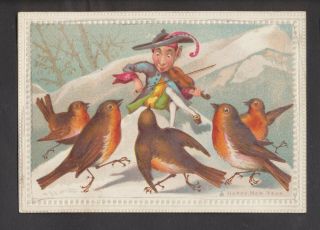 C11054 Victorian Goodall Year Card: Robins Dance To Elf Violinist