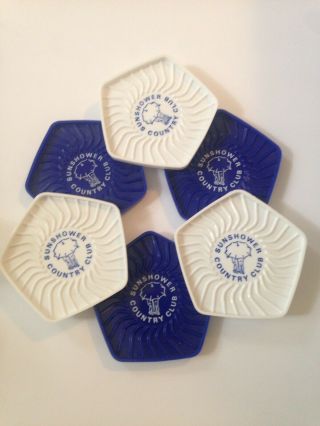 Vintage Plastic Coasters Set Of 6,  Blue White Nudist Colony Country Club