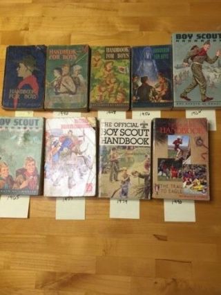 9 Boy Scout Handbooks 8 Of 13 Editions,  Bsa,  Handbook For Boys 1939 To 1990