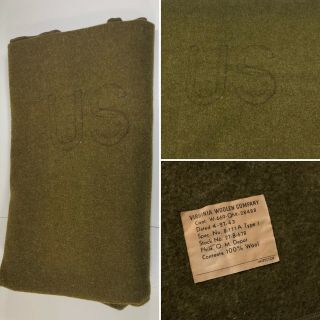 Us Military World War 2 Blanket 100 Wool Olive Drab Virginia Woolen Co 1943 40s