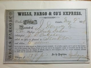 1859 Columbia Tuolumne Ca Wells Fargo Express 50c Charge Agent Daugner