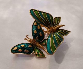 Vintage Signed Boucher Trembler Butterfly Brooch Pin Gold Tone Blue Green Enamel