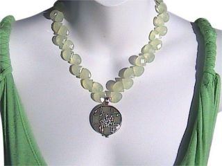 Sterling Silver Light Green Jade Vintage Medallion Heart Necklace