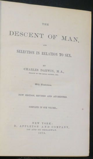 1875 THE DESCENT OF MAN By CHARLES DARWIN,  SEXUAL SELECTION,  REVISED EDITION,  VG 2