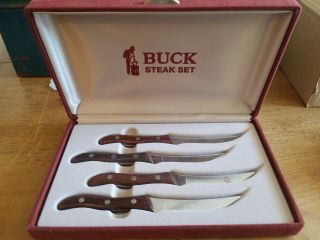 Vintage Buck Kitchen Steak Knife Set 4 Piece Cutlery Rosewood Handles Usa Made