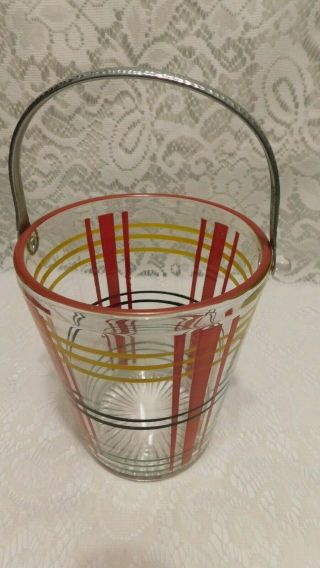 Mid Century Glass Ice Bucket Hammered Handle Red Yellow Black Green Clear