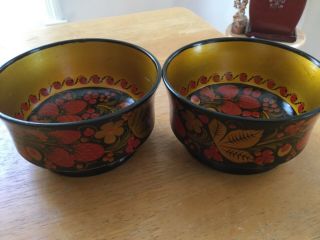 Vintage Russian Khokhloma Hand Painted Wooden Set 2 Bowls Berries Fruit Painted