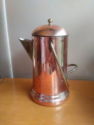 Vintage Tall Copper Clad Brass Handled Pitcher Coffee Tea Pot Kettle Korea