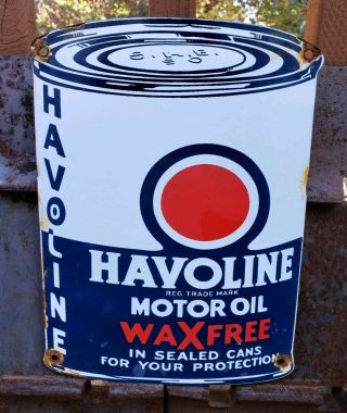 Vintage Old Havoline Motor Oil Can Porcelain Gas Pump Sign Advertising