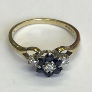 Vintage Solid 9ct Gold Diamond And Sapphire Dress Ring Size J1/2