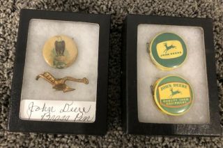 John Deere Gold Tone Vintage Pin And Two Vintage John Deere Measuring Tapes
