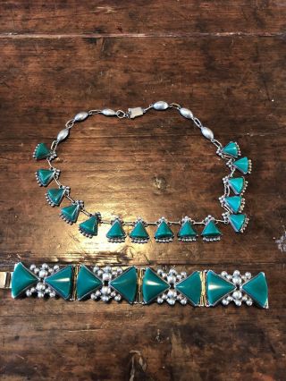 Vintage Mexico Sterling Silver Green Onyx Necklace And Bracelet Set