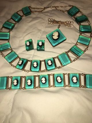 Vintage Lucite Necklace,  Bracelet,  Brooch,  Earrings Set Cameo Turquoise Aqua