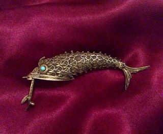 Antique Chinese Gold Gilt Solid Silver Fiiligree Articulated Fish Pendant Lucky