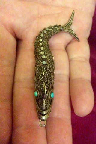 ANTIQUE CHINESE GOLD GILT SOLID SILVER FiILIGREE ARTICULATED FISH PENDANT LUCKY 2
