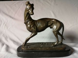 Large Antique Art Deco Style Heavy Bronze Sculpture Of Greyhound On Marble Base