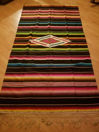 Vintage Mexican Saltillo Blanket - Cactus Fiber Serape Striped W/ Fringe Large