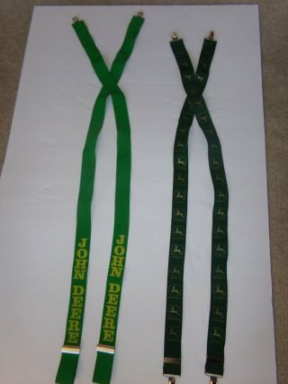 2 Pairs Vintage John Deere Logging Suspenders Green & Yellow Logo & Leaping Deer
