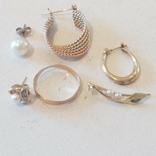Vintage 14k 585 Yellow Gold 5 Diamond Pearls Single Earrings & 7 Ring 6.  47 Grams