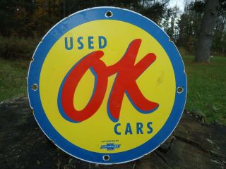 Vintage Ok Cars Chevrolet Porcelain Dealership Sign Chevy