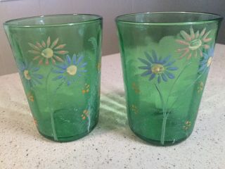 2 Vintage Green Glasses/tumblers With Painted Pink And Blue Daises,  12 Oz