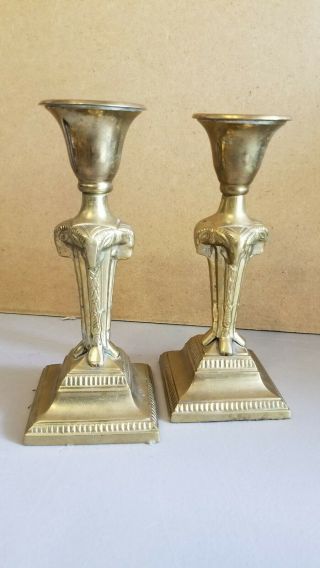 Vtg 8 " Pair Solid Brass Rams Head Candlesticks Candle Holders Gothic