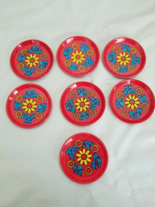 Set Of 7 Vintage Retro Metal Tin Coffee Table Coasters - Made In Brazil
