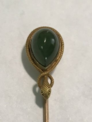 Antique 14kt Jade Stickpin With Snake Accent