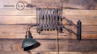 Antique F.  A.  Hardy Japanned Scissor Arm Wall Mount Lamp 2