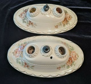 Pair Vintage Porcelier Porcelain 2 - Bulb Ceiling Light Fixtures W/roses,  Rewired