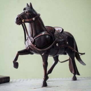 ' Peruvian Walking Horse ' Cedar Wood Sculpture Leather Tack Handmade NOVICA Peru 2